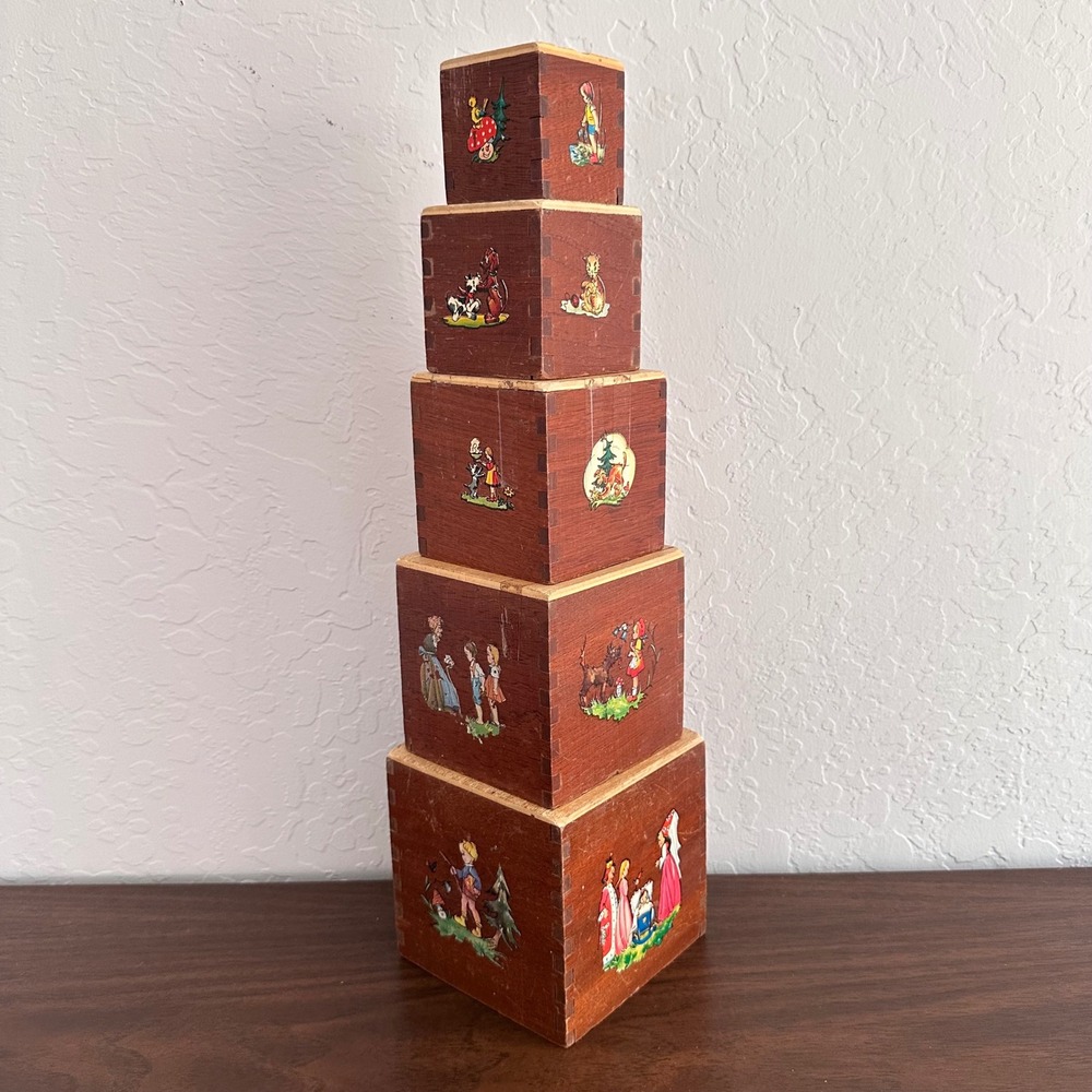 Vintage 30s‎ 40s Wooden Stacking Toy Dovetail Primitive Folk Art